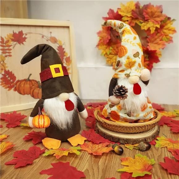 2PCS Fall Thanksgiving Gnomes Plush Decoration - Gnomes Hold Pumpkin & Pine Cone - Picture 1 of 6